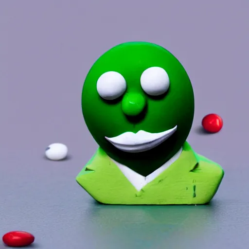 Prompt: photo of the green m & m with the face of borat