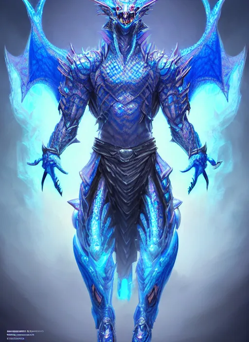 Image similar to muscular and tall blue ghostly fire humanoid dragon!!!! draconian!! intricate ornate iridescent heavy armor!! character concept art, sharp focus, octane render! unreal engine 5! highly rendered!! trending on artstation!! detailed linework!! illustration by artgerm, wlop, and chie yoshii