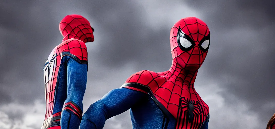Image similar to Gigachad Spider-Man unmasked, film still, wide-shot, full shot, cinematic lens, heroic portrait