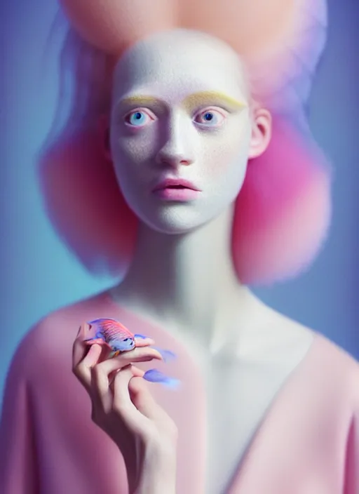 Prompt: Kodak Portra 400, 8K, soft light, volumetric lighting, highly detailed, fine art portrait photography in style of Tim Walker , britt marling face 3/4 morphing with soft pastel colors tropical fishes, metamorphosis complex 3d render , 150 mm lens, soft blur background, bust with intricate details, elegant, hyper realistic, ultra detailed, octane render, etheric, outworldly colours, emotionally evoking, head in focus, fantasy, ornamental, intricate, elegant, 8K, soft light, volumetric underwater lighting, highly detailed, Refined, Highly Detailed, soft lighting colors scheme, fine art photography, Hyper realistic, photo realistic