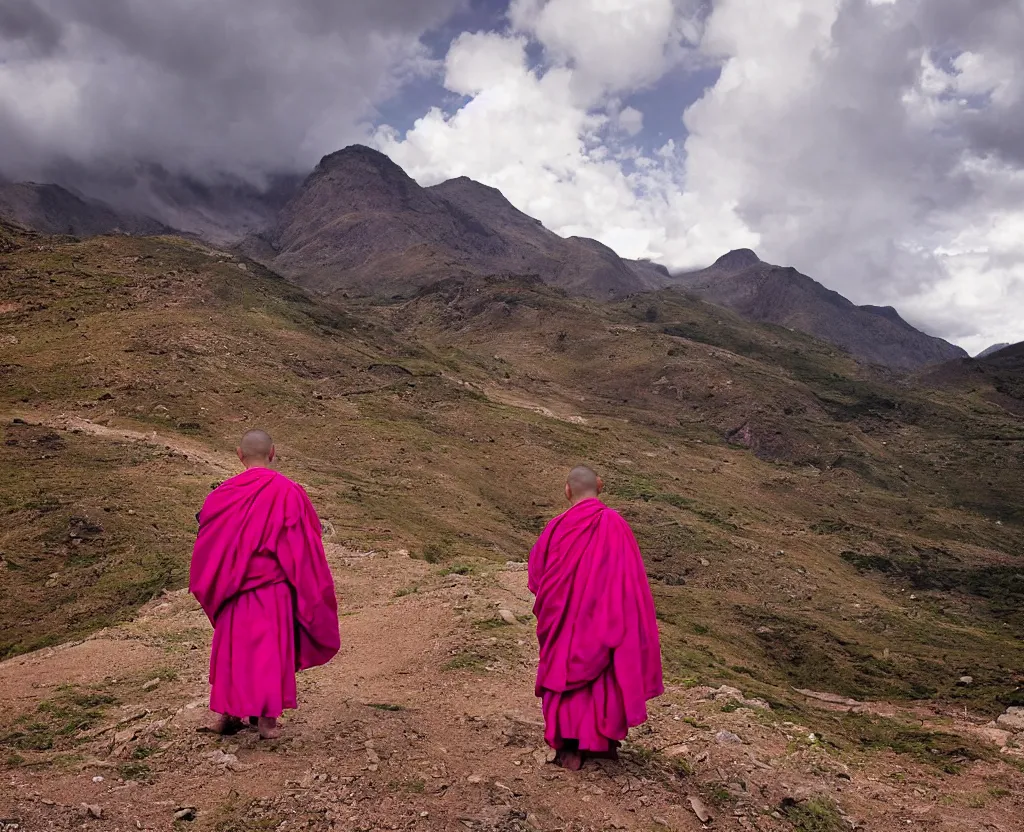 Image similar to a pink monk wandering trough the mountains looking at the clouds very detailed focused photography cinematic lighting by martin parr