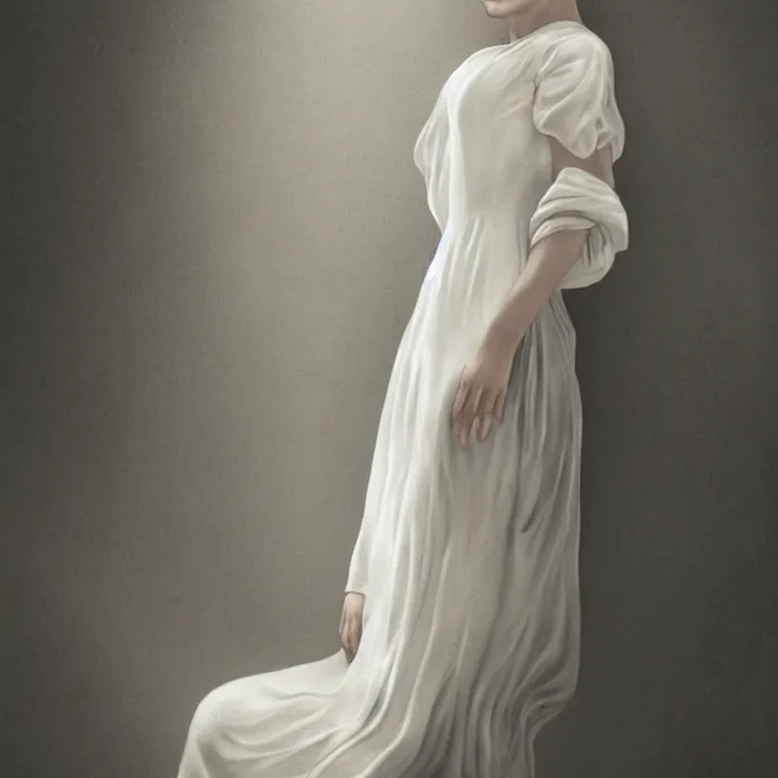 Image similar to a wonderful realistic portrait of a lonely woman who is dressed with a wonderful, majestic, large semi transparent white cotton dress, accent white lighting, dramatic light, octane render by roberto ferri, fantasy art, photo realistic, dynamic lighting, unreal engine rendered, artstation, poster, dramatic light, - 8 k, award winning