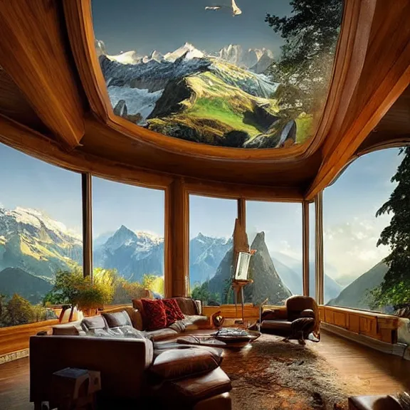 Image similar to fantastical living room with switzerland landscape in the window by marc adamus, beautiful dramatic lighting
