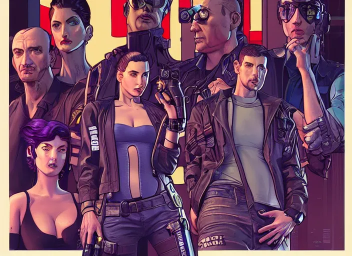 Image similar to cyberpunk police detectives. portrait by stonehouse and mœbius and will eisner and gil elvgren and pixar. character design. realistic proportions. cyberpunk 2 0 7 7 character art, blade runner 2 0 4 9 concept art. cel shading. attractive face. thick lines. the team. diverse characters. shadowrun.