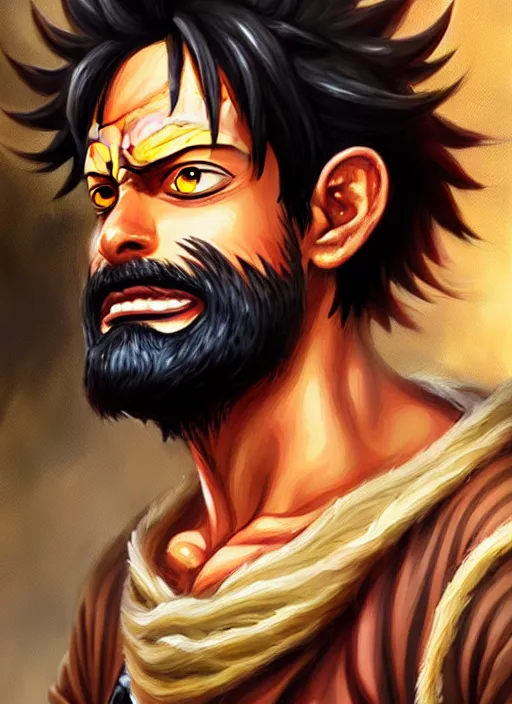 Image similar to luffy as _ fantasy _ style _ portrait _ painting _ of middle eastern male brown wavy hair beard, rpg dnd oil _ painting _ unreal _ 5 _ daz. _ rpg _ portrait _ extremely _ detailed _ artgerm _ greg _ rutkowski _ greg