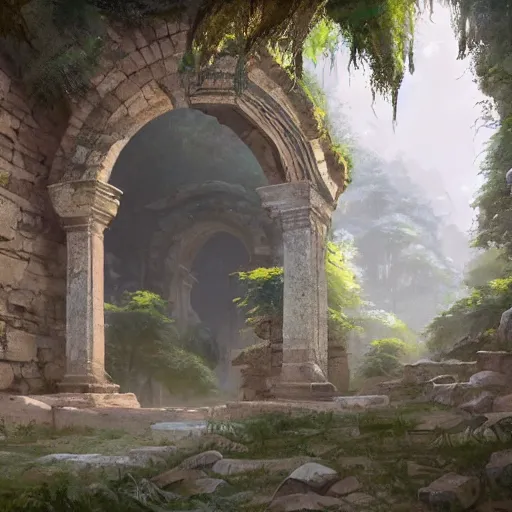 Image similar to concept art painting of an ornate ancient stone archway, in the woods, realistic, detailed, cel shaded, in the style of makoto shinkai and greg rutkowski and james gurney