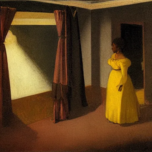 Image similar to a black girl in a gold haunted liminal room, digital painting by goya and balthus, colors by pontormo, lights by hopper, extreme detail, liminal aesthetic, background art nouveau,