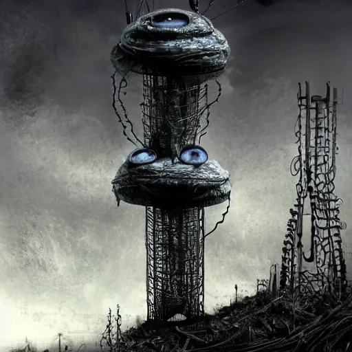 Image similar to giant evil bio-organic fleshy complex machine tower with tendrils and one eyeball at the top looking over a stormy post-apocalyptic wasteland, dystopian art