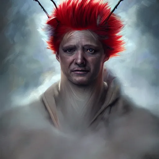 Prompt: an epic portrait of a person looking like donald trump wielding a spear, magical aura of insanity, intricate hakama, poofy red wig, eerie, highly detailed, dark fantasy, art by artgerm and greg rutkowski