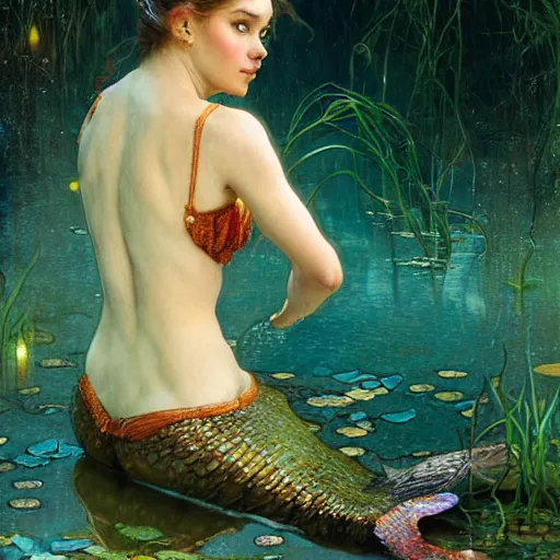 Prompt: portrait of a beautiful mermaid in a pond, fantasy, regal, intricate, by stanley artgerm lau, greg rutkowski, thomas kindkade, alphonse mucha, loish, norman rockwell