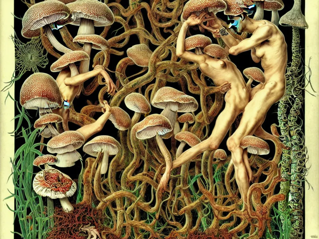 Image similar to human eating yourself with mushrooms, neo surrealism, art by ernst haeckel and daniel martin diaz