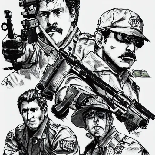 Prompt: super troopers movie, concept art, sumi - e style, intricate linework, artstation, trending, highly detailed, smooth, focus, art by yoji shinkawa,