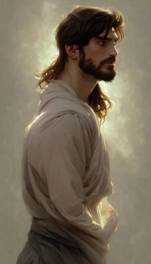 Prompt: portrait of homely man, dreamy and ethereal, goofy expression, side angle, intricate, elegant, highly detailed, digital painting, artstation, concept art, smooth, sharp focus, illustration, art by artgerm and greg rutkowski and alphonse mucha