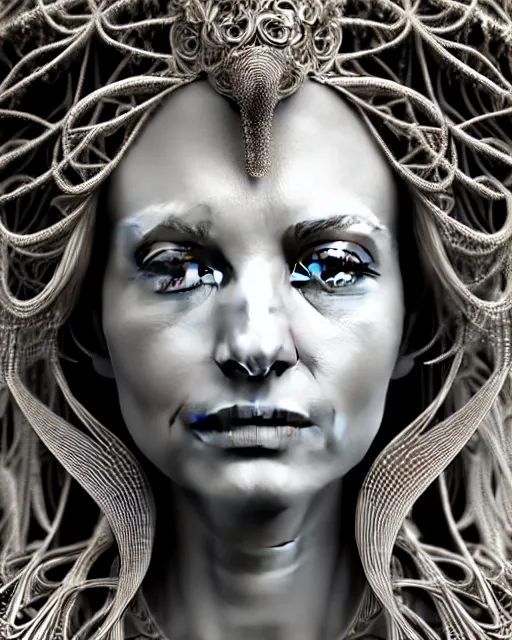 Image similar to bw 3 d render of a beautiful female queen - cyborg - vegetal, intricate fractal ornament in the bust with a very long neck, elegant, highly detailed intricate rococo ornament in her blond long hair, realistic, refined, highly detailed, cinematic outdoor lighting, by flora borsi in the style of dora maar, volumetric lighting, hyper realistic photography