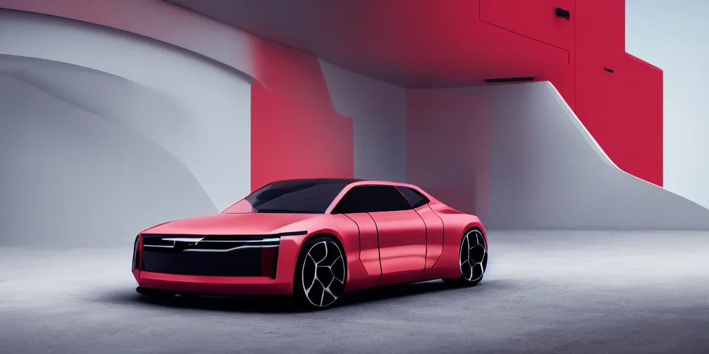 Image similar to a design of a futuristic car, designed by Polestar and DMC, vaporwave sunrise background, brushed red copper car paint, black windows, dark show room, dramatic lighting, hyper realistic render, depth of field