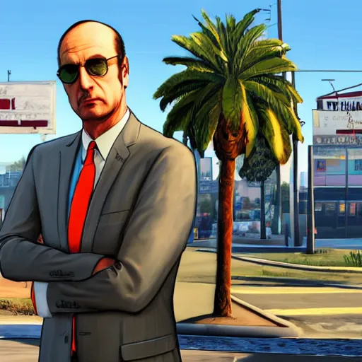 Image similar to Michael Ehrmantraut from Better call Saul in GTA V . Los Santos in the background, palm trees. In the art style of Stephen Bliss.