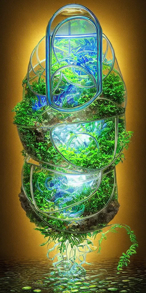 Prompt: graphic of enchanted terrarium, water flows inside the terrarium, digital art, highly detailed illustration, Lemma Guya, golden ratio, rule of thirds