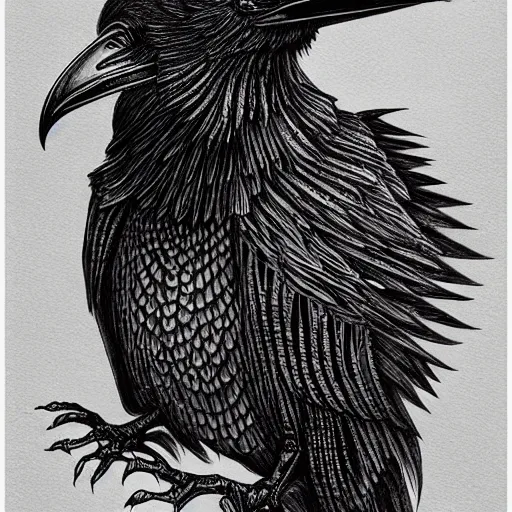 Prompt: mystical raven, black ink on paper, trending on artstation, beautiful, intricate, detailed