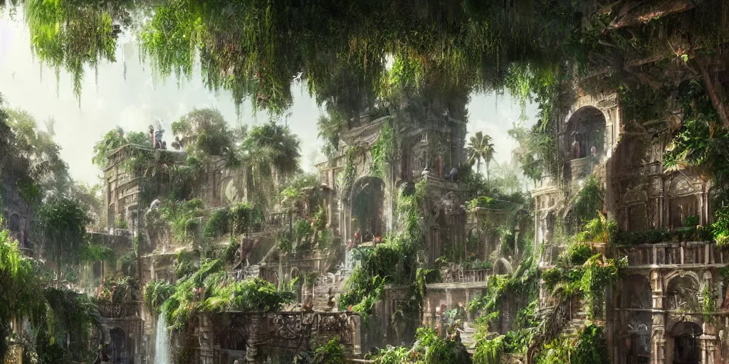 Prompt: Hanging Gardens of Babylon, lush trees, fountain , a fantasy digital painting by Greg Rutkowski and James Gurney, trending on Artstation, highly detailed