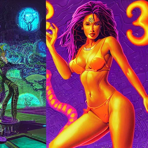 Prompt: fantastic detailed 3 d painting of tia carrere as a cyber sorceress, color scheme, by moebius by vanessa lemen by paul lehr by dan mumford