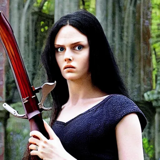 Image similar to Morgana from Merlin (2008) holding an AK47