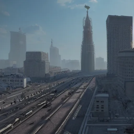 Image similar to photorealistic ruined Moscow city after Atomic bomb. Morning. 8K. detailed. photorealism. artstation. 25mm f/1.7 ASPH Lens. ultra realistic
