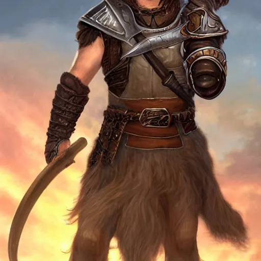 Prompt: dnd character. concept portrait. human druid. matt damon. mullet. chinstrap patchy beard. plains and horses in the background. brown. beige. holding spear. leather armor. hd. dynamic lighting, fantasy, artwork by artgerm, greg rutknowski - n 6