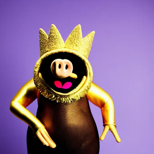 Prompt: studio photograph of a pig wearing a gold crown depicted as a muppet fighting stance