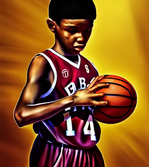 Prompt: portrait of a boy at a basketball court playing basketball wearing a basketball jersey in a basketball court standing near the basketball hoop, intense emotion, detailed facial expression, detailed surroundings, intricate, elegant, highly detailed, centered, digital painting, artstation, concept art, smooth, sharp focus, illustration, by (Steven Spielberg), WLOP