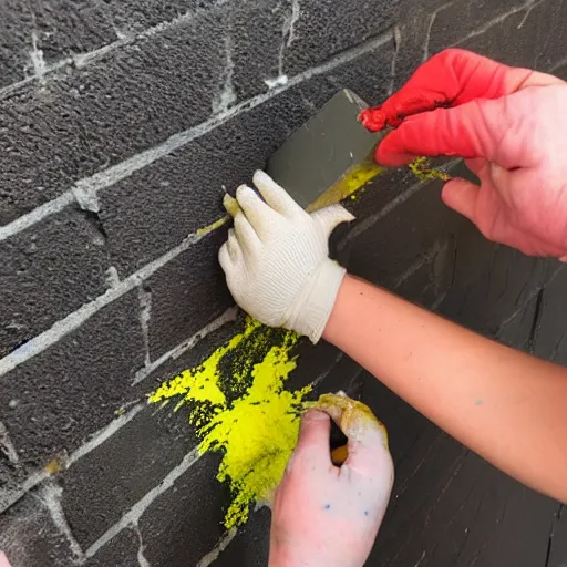 Prompt: pulling a brick out of the top of an open tin of bright yellow paint