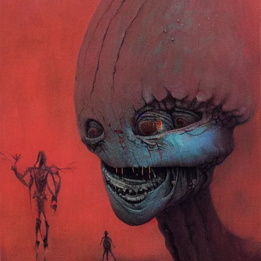 Image similar to Painting in a style of Beksinski featuring a giant alien crying. Pain and suffering in the background