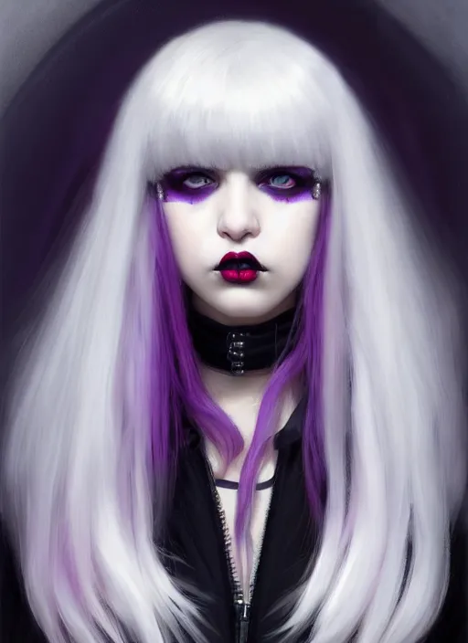 Image similar to portrait of white teenage girl, normal face, white bangs, mall goth, cyberlox, black and white hair, bangs, fluffy bangs, red contact lenses, purple lipstick, intricate, elegant, highly detailed, digital painting, artstation, concept art, sharp focus, smooth, illustration, art by wlop, mars ravelo and greg rutkowski