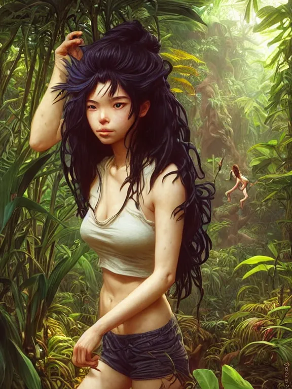 Prompt: full body picture of a female traveler lost in jungle maze, tired, beautiful and aesthetic, intricate, unreal engine, messy hair, highly detailed, detailed face, smooth, sharp focus, chiaroscuro, manga illustration, artgerm, greg rutkowski, ilya kuvshinov, rossdraws, alphonse mucha, young adult light novel cover art