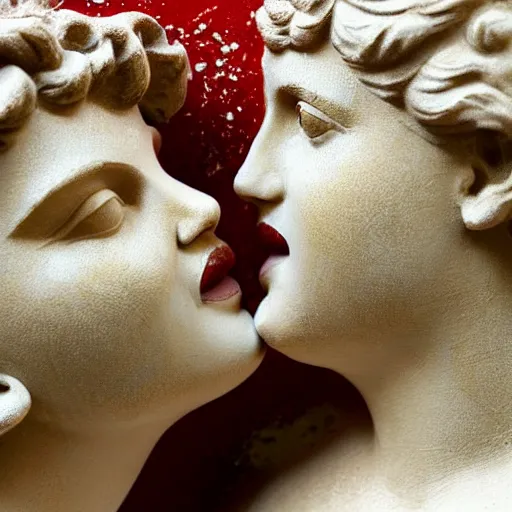 Image similar to close - up of two greek statue women kissing each other, they are covered in splattered acrylic paint