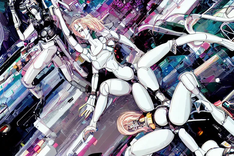 Image similar to a finely composed cyberpunk illustration of a group of white female androids' in style of hajime sorayama, lying scattered over an abstract, empty, white floor, by masamune shirow and katsuhiro otomo, hyper-detailed, colorful, view from above, wide angle, close up, spacious