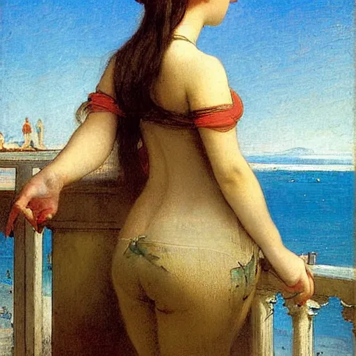 Image similar to A girl on the front of a Balustrade with costa blanca beach on the background by paul delaroche