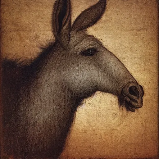 Prompt: portrait of a donkey painted by Leonardo da Vinci, renaissance, head view