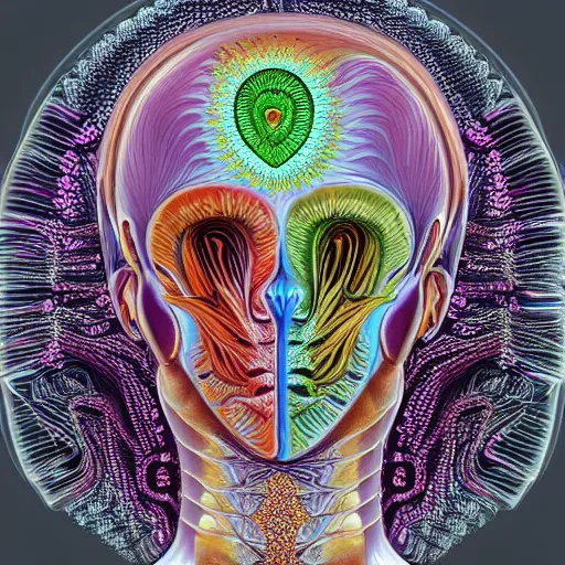 Image similar to a pair of human head with a heart shape in the middle of it, a computer rendering by Alex Grey, by Earnst Haeckel, featured on zbrush central, psychedelic art, lovecraftian, fractalism, zbrush