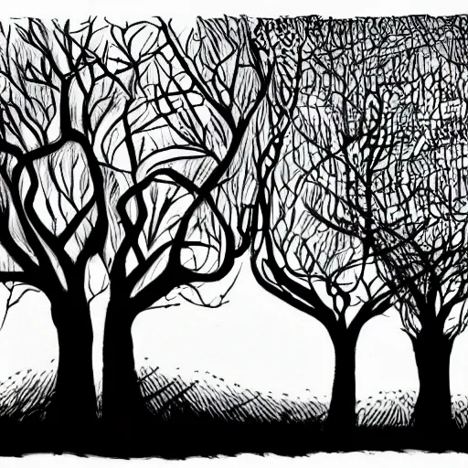 Image similar to dark trees illustration, dark fantasy, black ink on white paper, sketched 4k