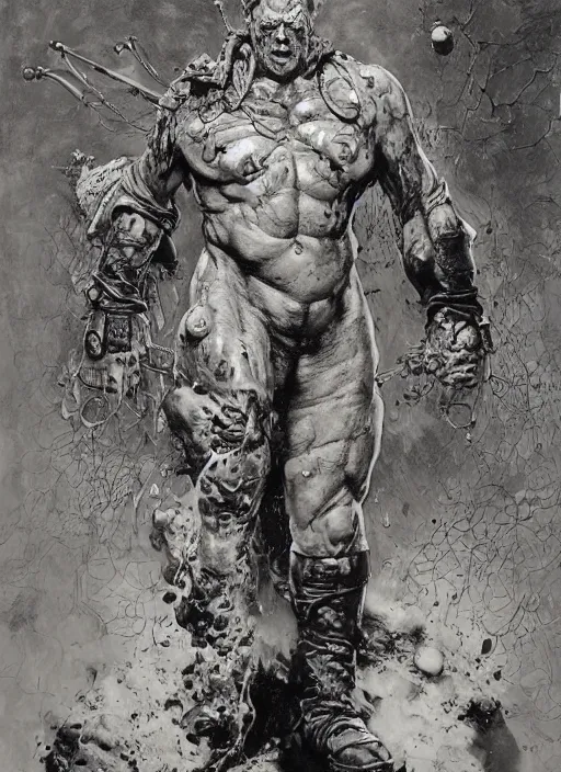 Image similar to dorian yates as doom hell baron wearing old trench coat and tattered pants, dynamic action, by lawrence alma tadema and zdzislaw beksinski and norman rockwell and jack kirby and tom lovell and greg staples