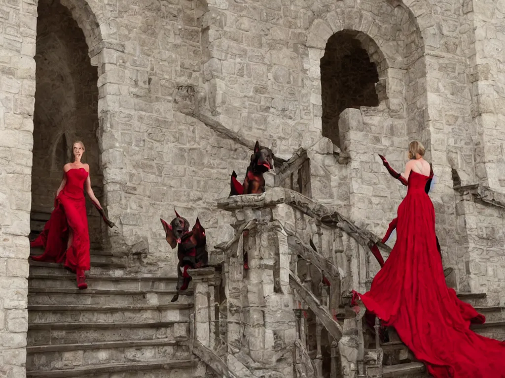 Image similar to An impressive castle entrance, a beautiful woman wearing a red dress, coming down the stairs, sided by two fierce Dobermans, art directed by Martin de Thurah and shot by Kasper Tuxen