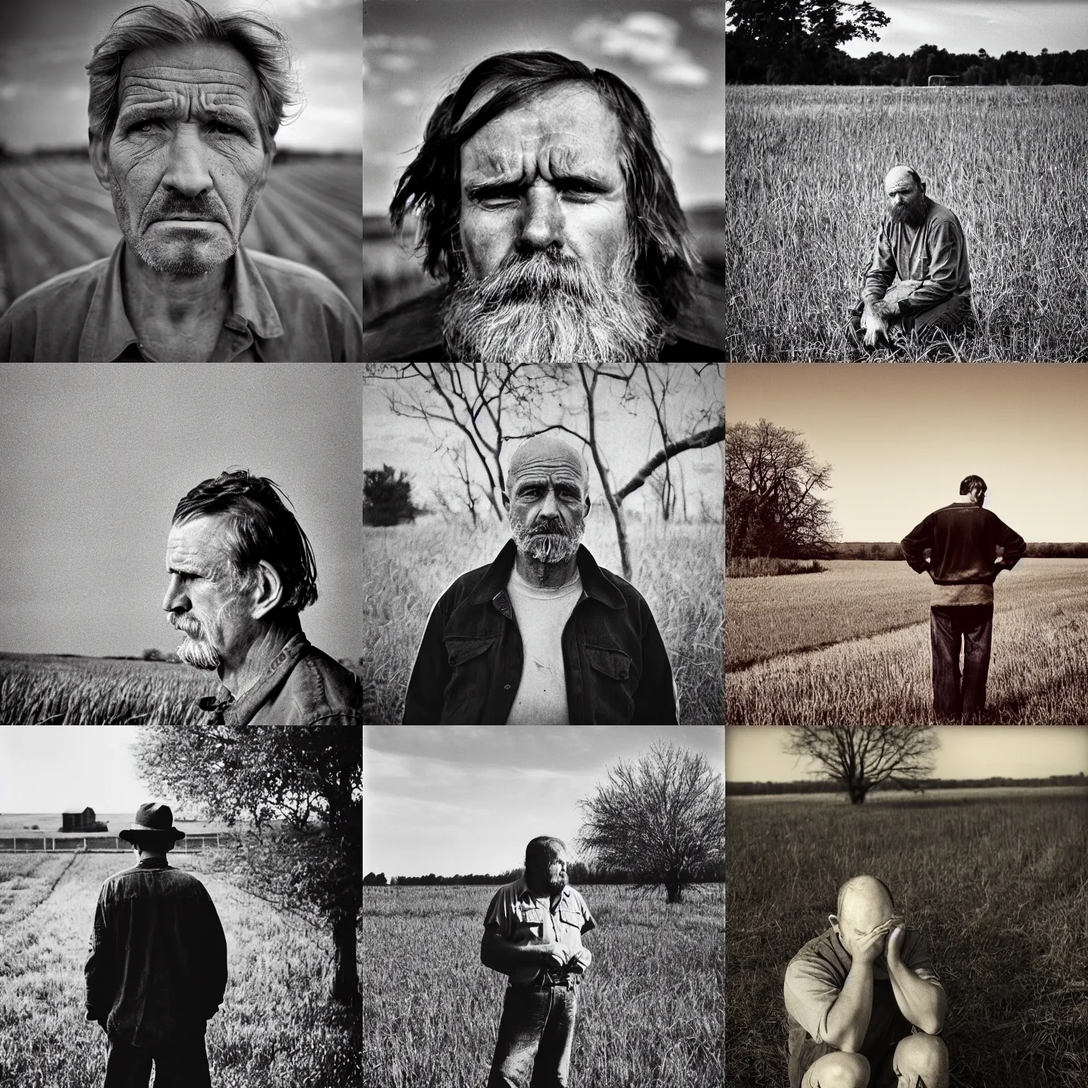 Prompt: A very sad man, near farm, outdoors, photograph, f2.8, dramatic, balding hair, redneck, film grain, large format, 1950