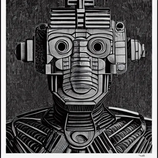 Prompt: portrait of cyberman, mash - up between mc escher and vincent van gogh