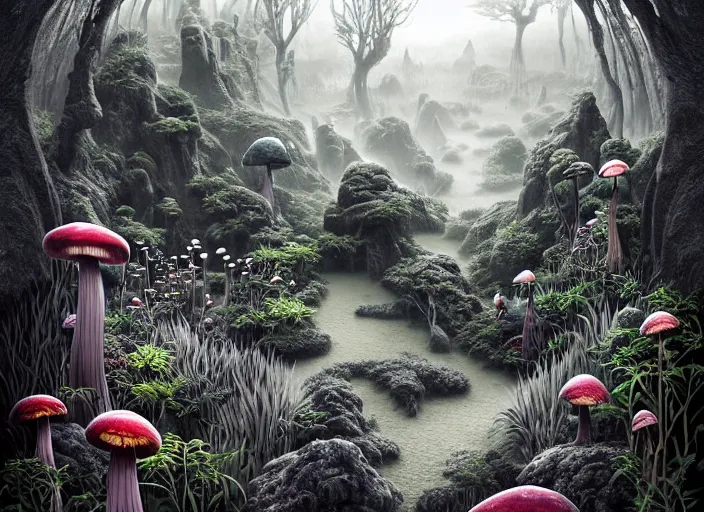 Prompt: surreal line art by naranbaatar ganbold!, a lot of jungle flowers and exotic plants + toxic mushrooms + tall stone + long grass + mystic fog, 5 0's vintage sci - fi style, rule of third!!!!, ultrafine hyperdetailed, generative art, matte drawing, black and white, isometric view!!!!