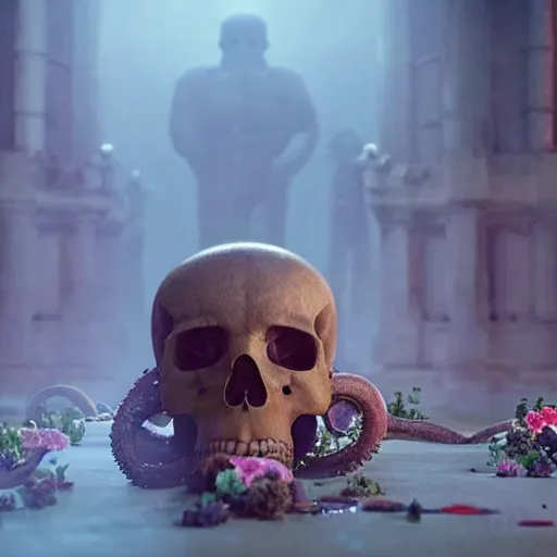 Image similar to an octopus in the shape of a skull surrounded by flowers at midnight, foggy cinematic shot photo still from movie by denis villeneuve, wayne barlowe