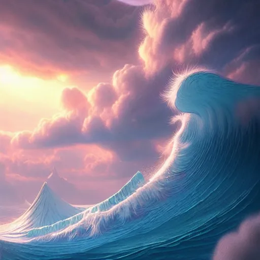 Prompt: beautiful digital fantasy illustration of a a giant wave in the sky, a detailed matte painting by Dan Luvisi, highly detailed, soft lighting, rendered in octane, masterpiece, very very very aesthetic