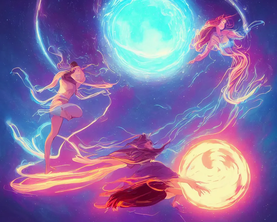 Image similar to a beautiful whimsical goddess floating above a lake basking in the moonlight, firebending, underneath a multi-colored binary blackhole with an accretion disc, glowing trails following her arms, synthwave, by Lois van Baarle, by Greg Rutkowski, by artgerm, by beeple, by studio ghibli, cinematic angle, volumetric lighting, 4k resolution, octane render, trending on artstation, masterpiece