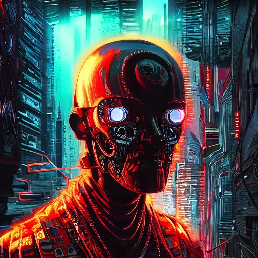 Prompt: concept art of a cyborg, cyberpunk, surrounded by smoke, award-winning art, black on red, hyperrealistic, by Philippe Druillet, by Kilian Eng, by Android Jones, computer screens in the background, trending on Artstation, dark, dramatic, cinematic, realistic studio lighting, raytracing, 4k, professional, canon