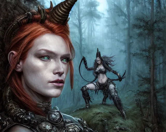 Prompt: 5 5 mm portrait photo of an armored gorgeous anesthetic redhead woman warrior with a face tattoo and horns growing from her head and a gargoyle sitting on her shoulder, in a magical forest in the style of luis royo. art by greg rutkowski. highly detailed 8 k. intricate. lifelike. soft light. nikon d 8 5 0.