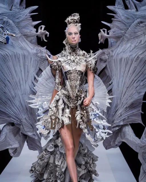 Image similar to fashion model walking down a catwalk, elaborate dress by alexander mcqueen, art by michael whelan and chris moore and howard david johnson and tim white and dan giancola, sigma 8 5 mm f 1 6